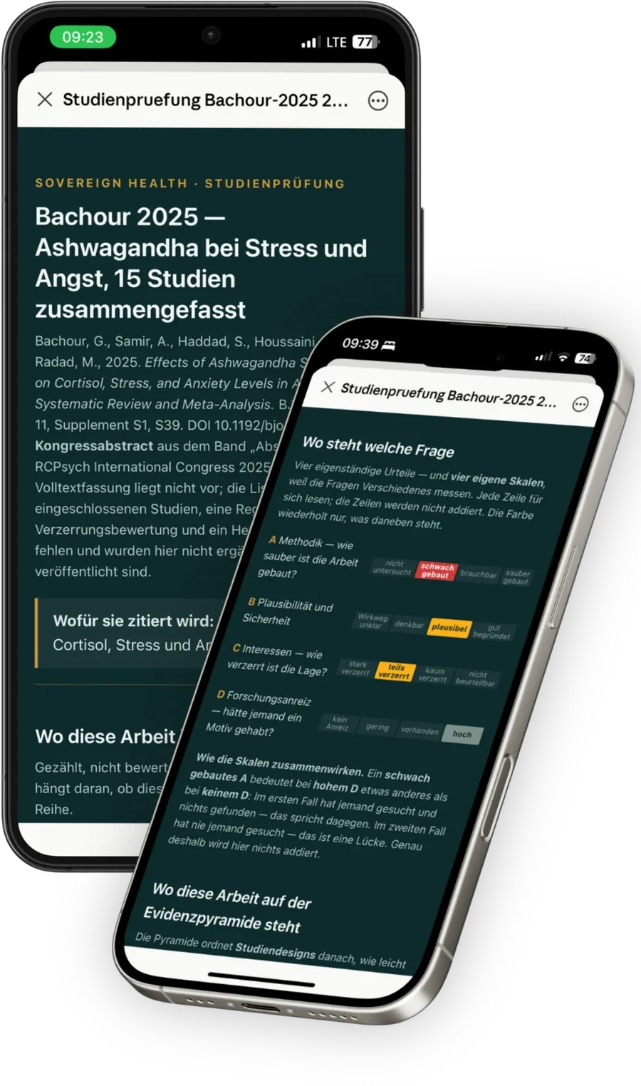 Zwei iPhones zeigen eine Studienprüfung von Sovereign Health mit den vier Skalen Methodik, Plausibilität, Interessen und Forschungsanreiz.
